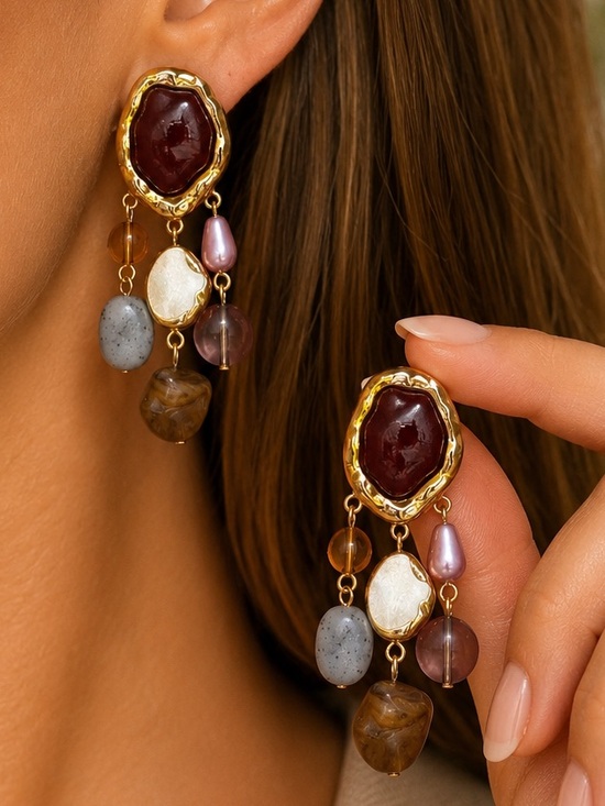 Anthropologie Jewelry - Multi Stone Dangle Earrings with Burgundy Accent